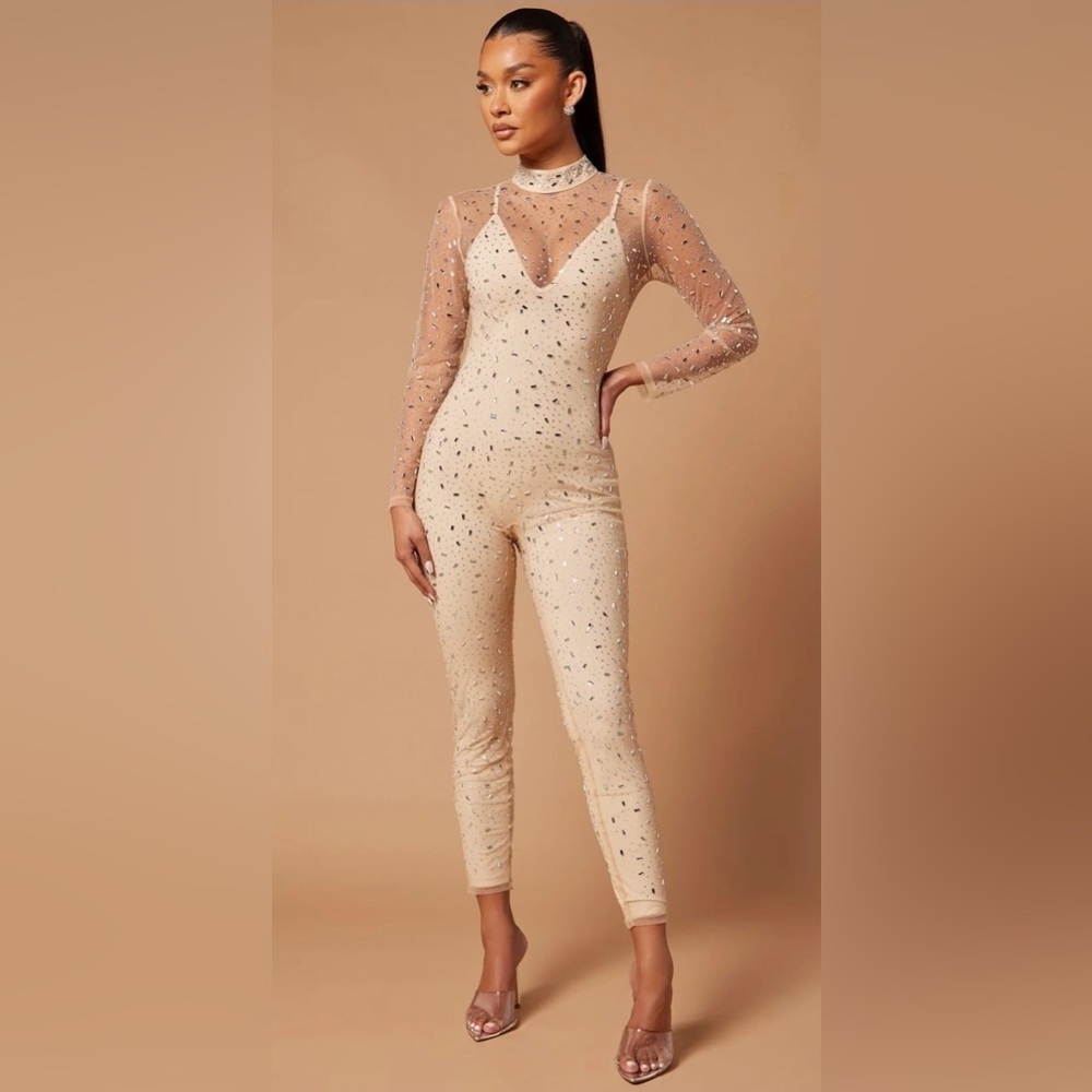 Elegant Beige Embellished Jumpsuit